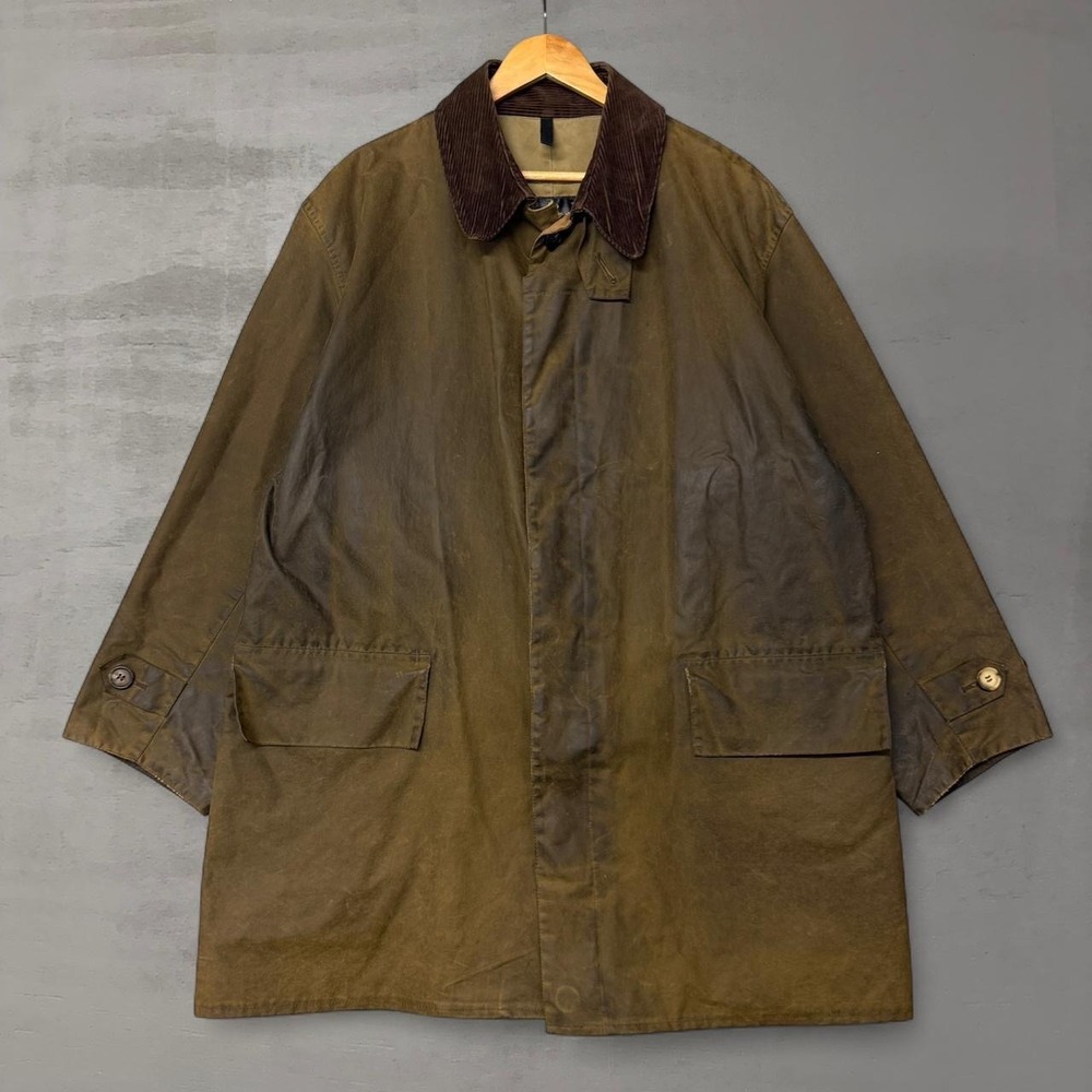 Vintage Barbour Moleskin Lined RARE A850 Waxed 3/4 Coat Olive Corduroy Collar XL